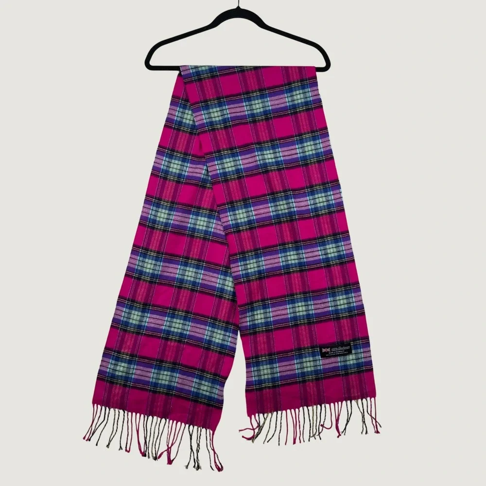 100% Cashmere Scarf Made in Scotland Pink Tartan Plaid Fringe Winter Wrap Preppy